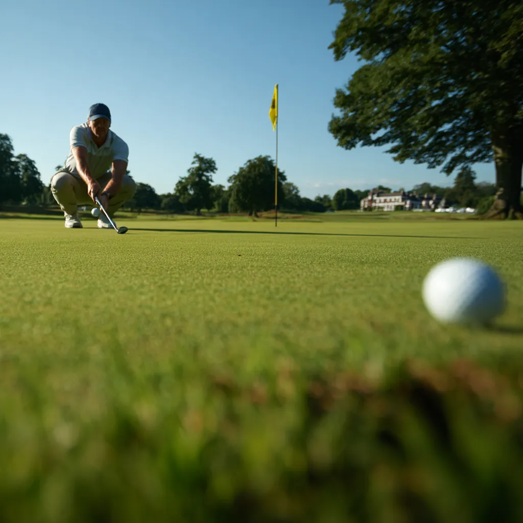 Golfer crouched behind the ball reading a long lag putt on the green